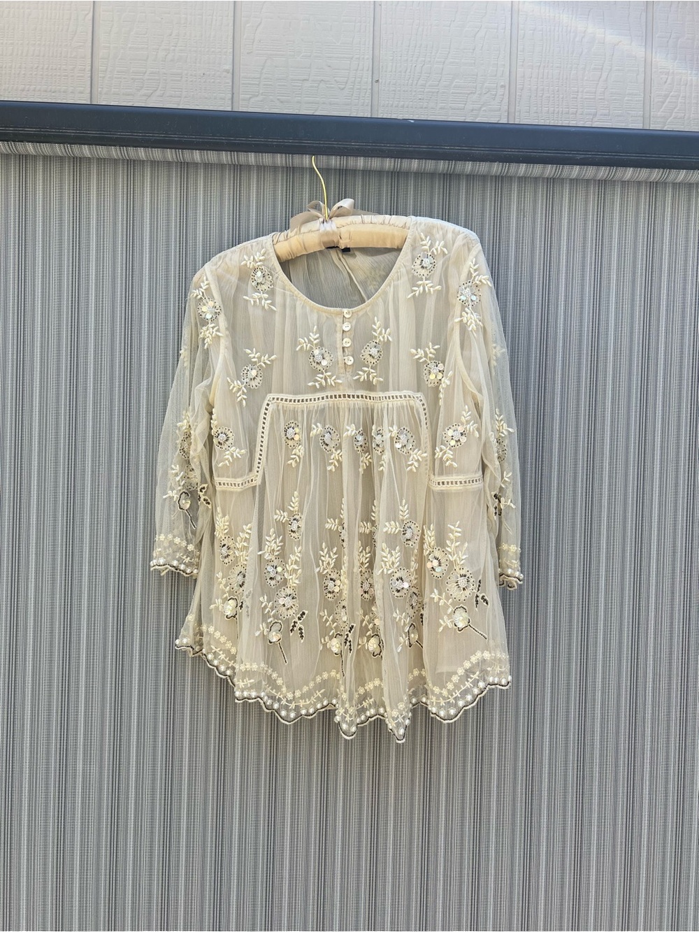 Cream Embroidered Sheer Peasant Blouse